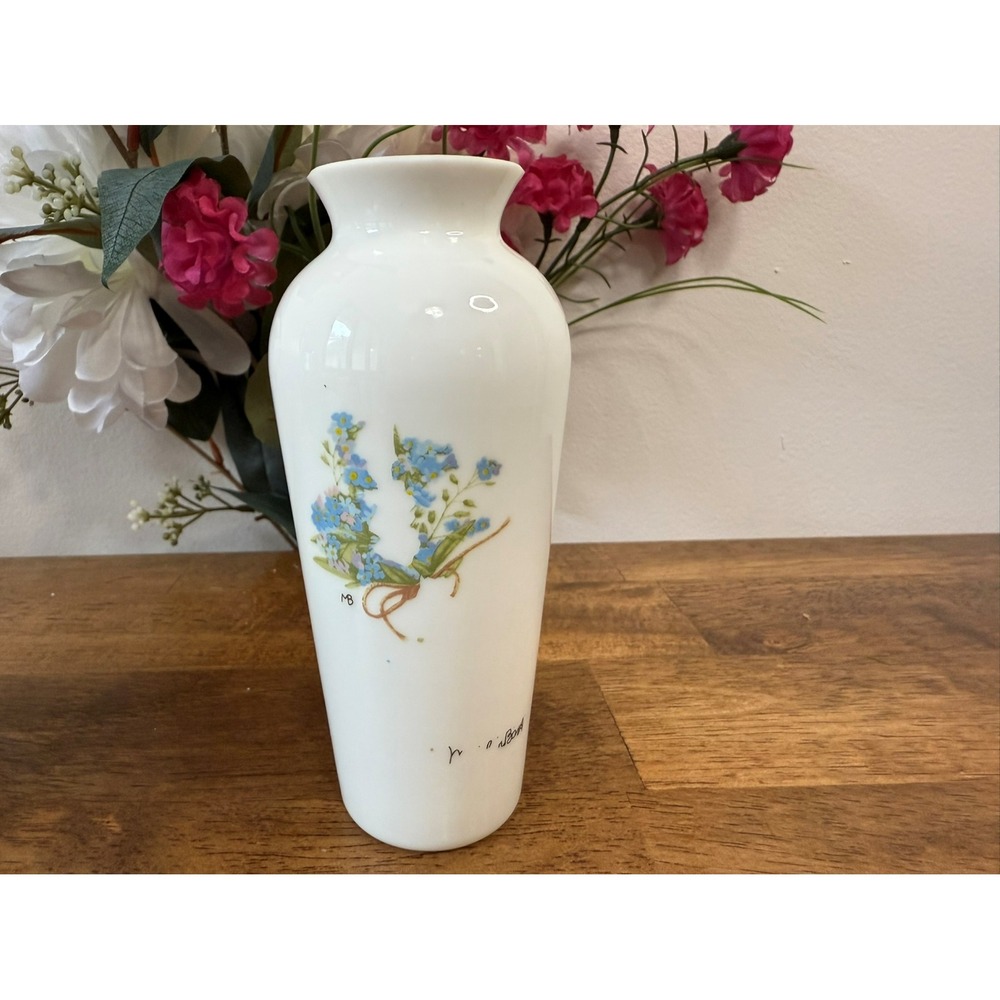 Vintage Hand Painted Milk Glass Vase Signed MB‎ Floral Forget Me Not Flower MCM